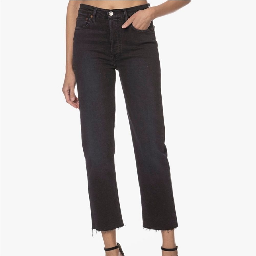 Re/done High Rise Raw Hem Straight Jeans Buttonfly Faded Black Sz 29